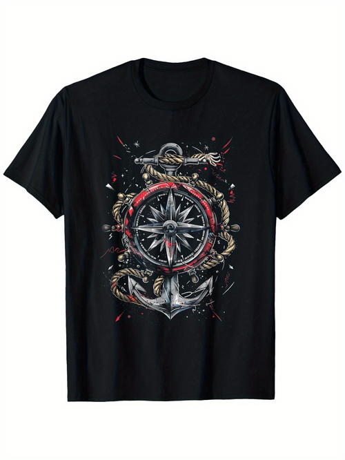 Men's Graphic T-Shirt Intricate Nautical Elements With Rope And Star Compass Anchor