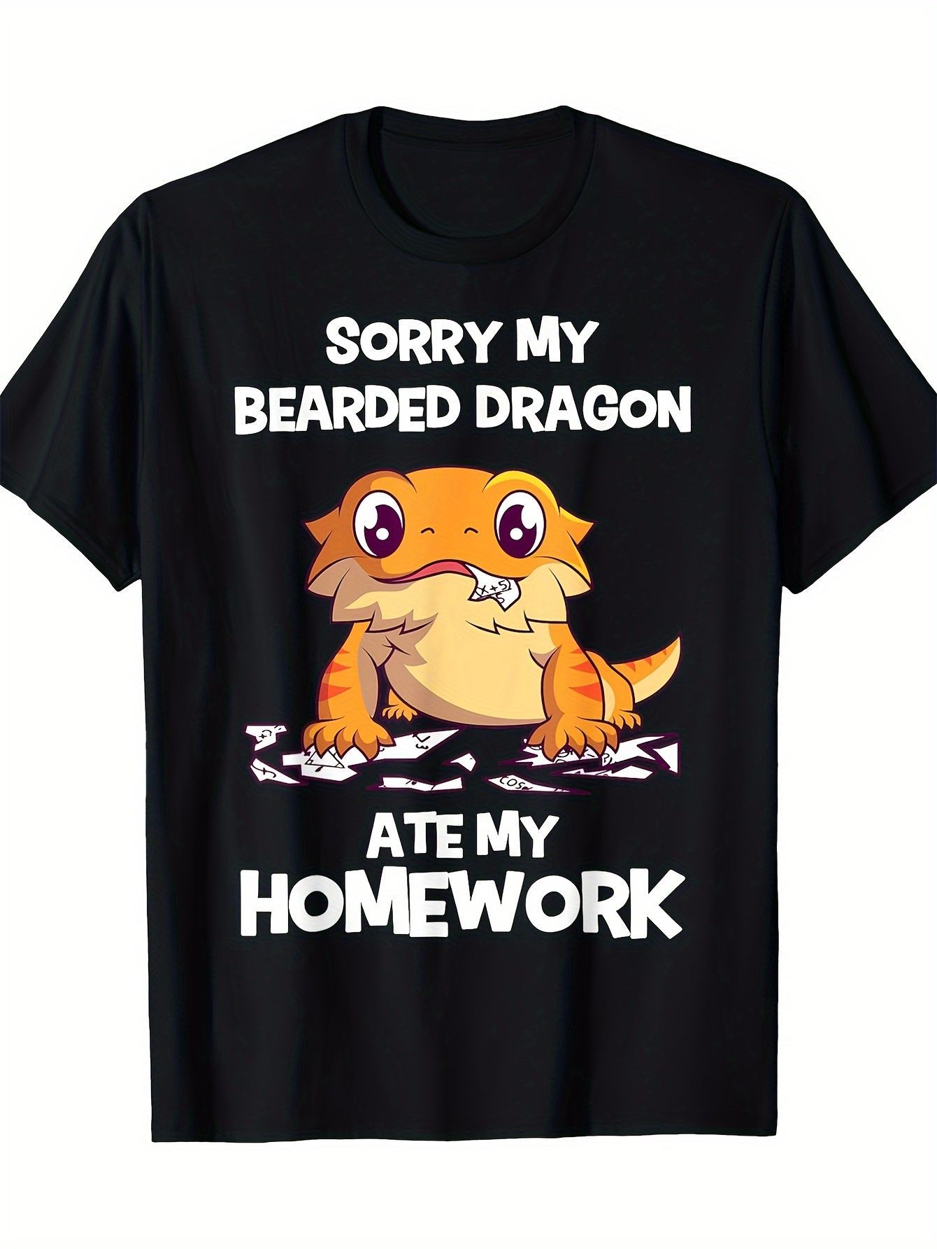 Men's Graphic T-Shirt Sorry My Bearded Dragon Ate My Homework Cute Cartoon Illustration Featuring Lizard On Paper