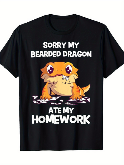 Men's Graphic T-Shirt Sorry My Bearded Dragon Ate My Homework Cute Cartoon Illustration Featuring Lizard On Paper