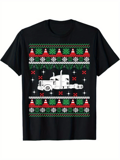 Men's Graphic T-Shirt Festive Patterned Christmas Trees With Snowflakes Surrounding A Classic Truck
