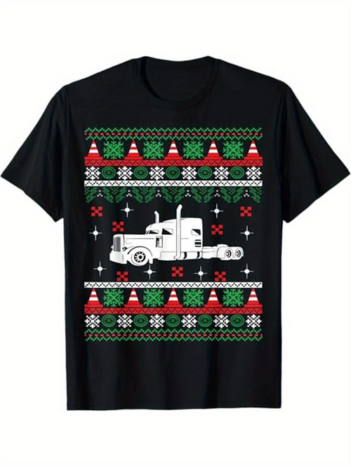 Men's Graphic T-Shirt Festive Patterned Christmas Trees With Snowflakes Surrounding A Classic Truck
