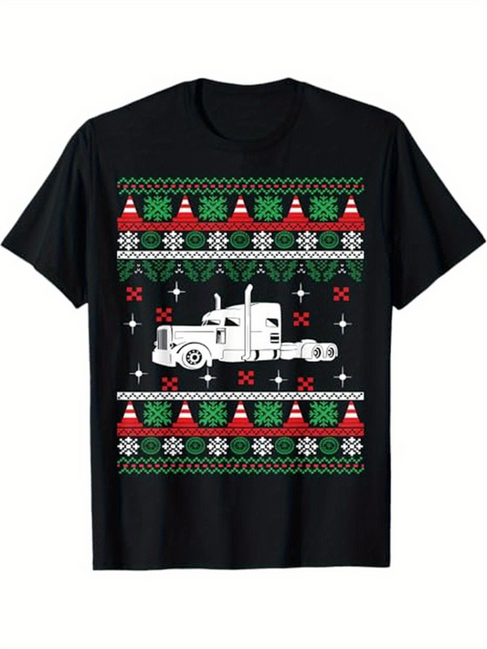 Men's Graphic T-Shirt Festive Patterned Christmas Trees With Snowflakes Surrounding A Classic Truck