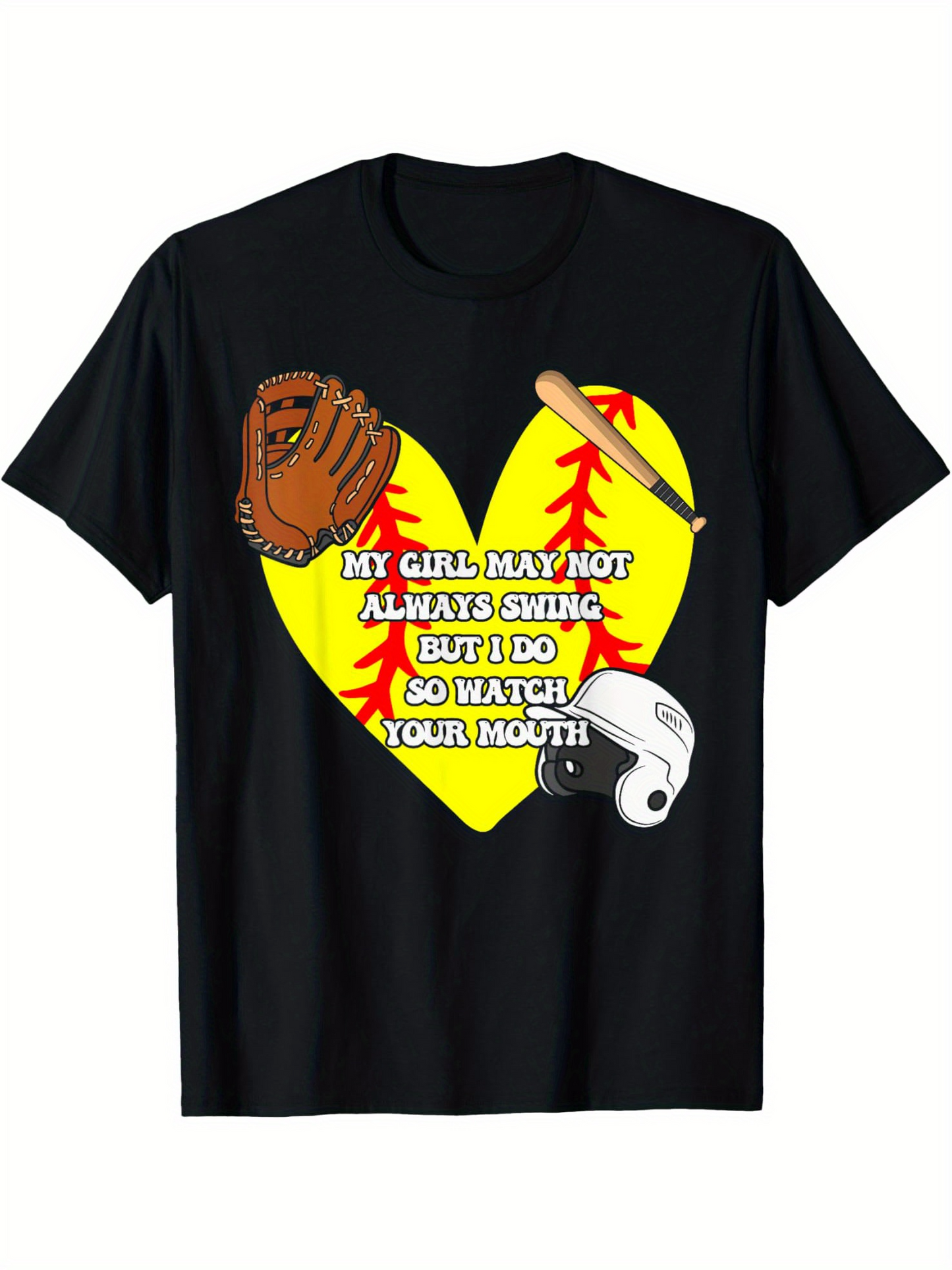 Men's Graphic T-Shirt Baseball Heart With Glove Helmet And Bat Centered On Shirt