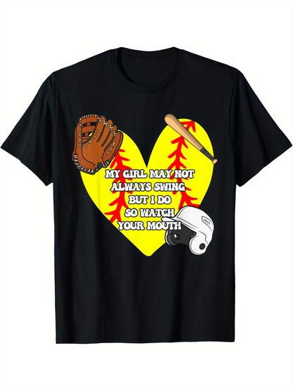 Men's Graphic T-Shirt Baseball Heart With Glove Helmet And Bat Centered On Shirt