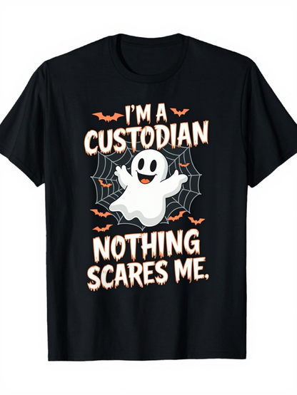 Men's Graphic T-Shirt Im A Custodian Nothing Scares Me Smiling Ghost With Spiderweb And Bats Surrounded By Halloween Elements