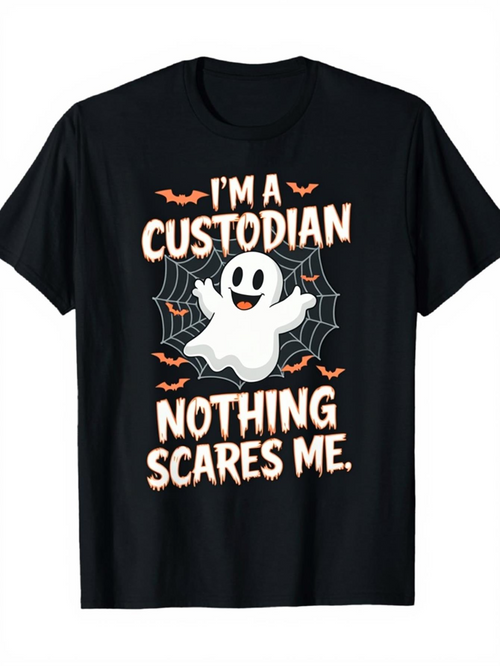 Men's Graphic T-Shirt Im A Custodian Nothing Scares Me Smiling Ghost With Spiderweb And Bats Surrounded By Halloween Elements