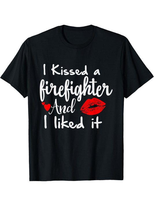 Men's Graphic T-Shirt I Kissed A Firefighter And I Liked It Red Lip Print Black Shirt