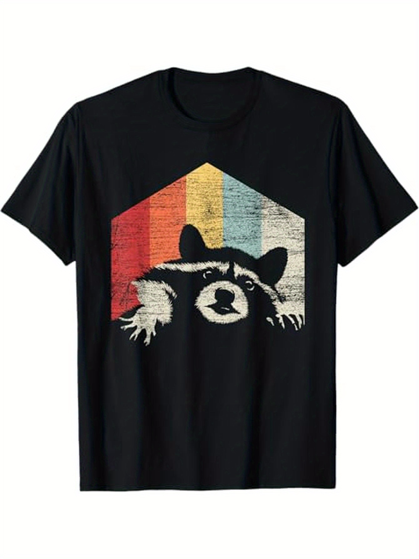 Men's Graphic T-Shirt Retro Color Stripes With Relaxed Cute Raccoon Lounge Print Raccoon