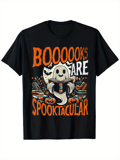 Men's Graphic T-Shirt Boooooks Are Spooktacular Friendly Ghost Reading With Pumpkins And Books