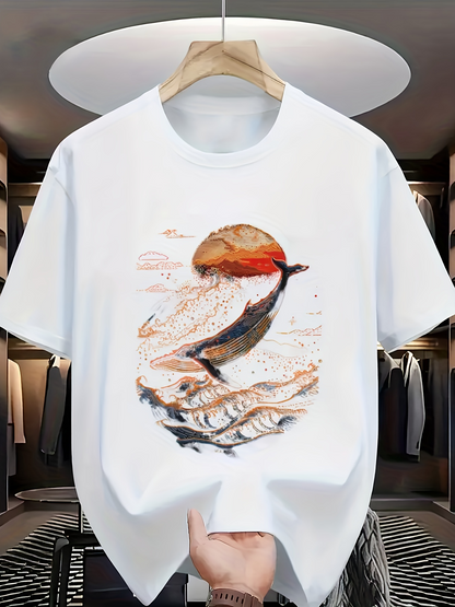 Men's Graphic T-Shirt Rising Sun With Artistic Ocean Waves And Majestic Leaping Whale