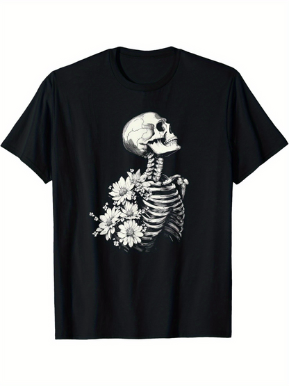 Men's Graphic T-Shirt Blooming Flowers Emerging From A Vintage Skeleton Ribcage Skeleton