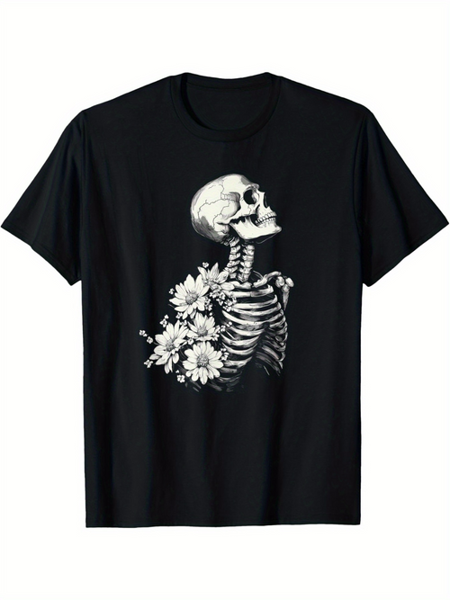 Men's Graphic T-Shirt Blooming Flowers Emerging From A Vintage Skeleton Ribcage Skeleton