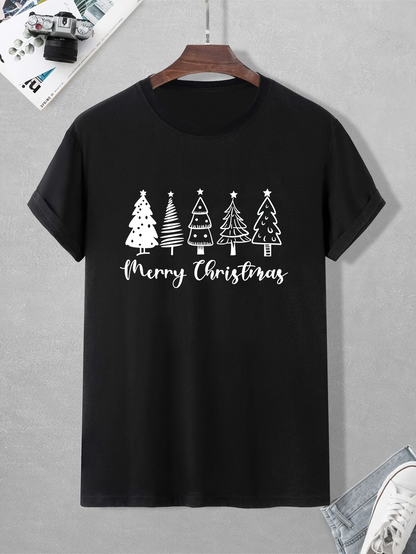 Men's Graphic T-Shirt Merry Christmas Simple Line Art With Doodle Pine Trees And Festive Atmosphere Christmas Tree