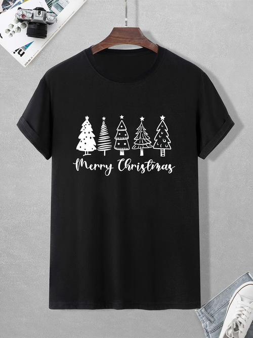 Men's Graphic T-Shirt Merry Christmas Simple Line Art With Doodle Pine Trees And Festive Atmosphere Christmas Tree