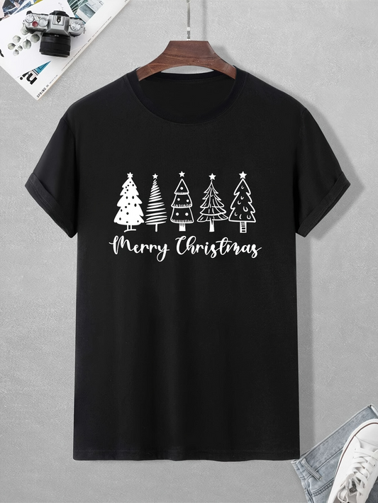 Men's Graphic T-Shirt Merry Christmas Simple Line Art With Doodle Pine Trees And Festive Atmosphere Christmas Tree