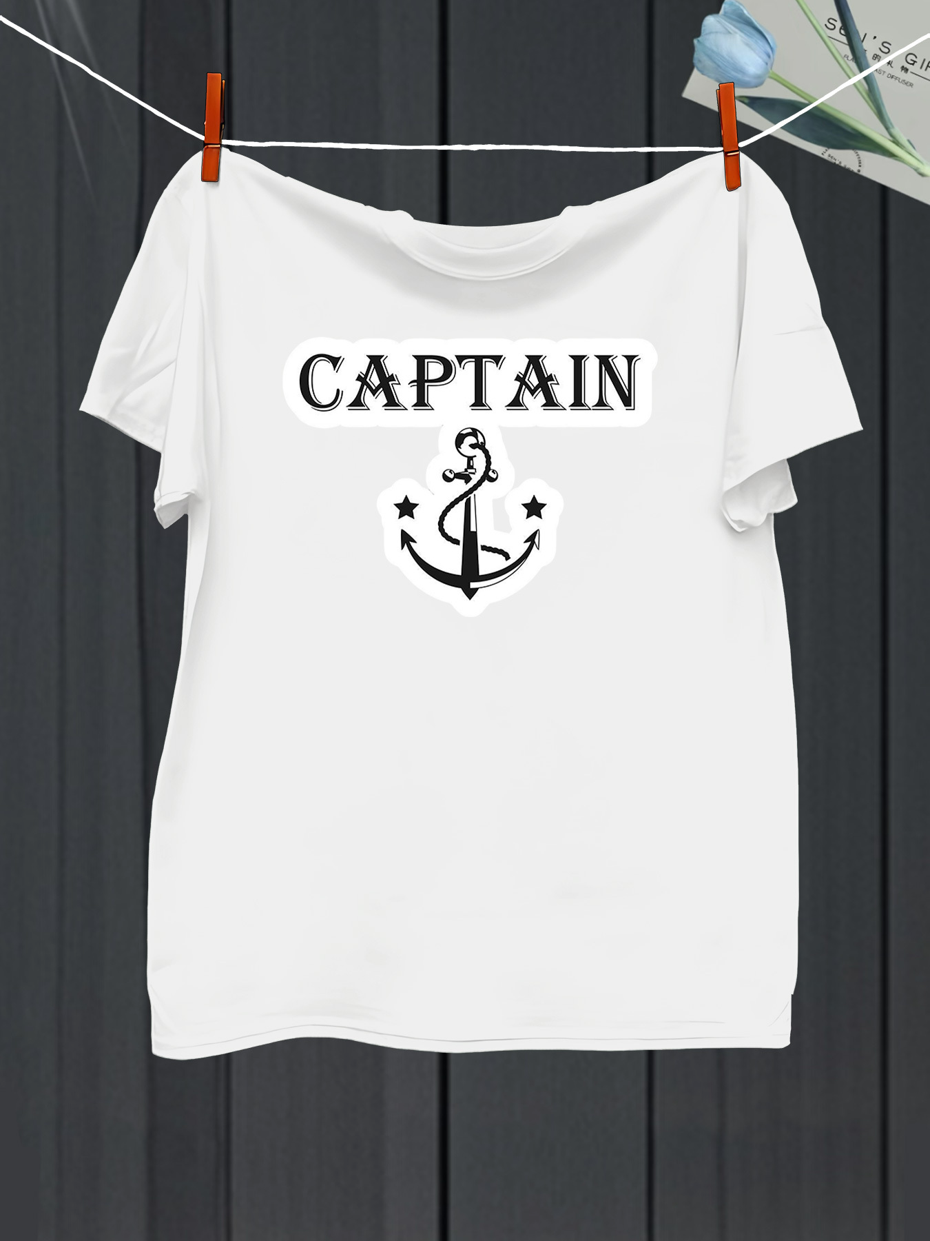 Men's Graphic T-Shirt Captain Lettering With Nautical Anchor And Decorative Stars Design