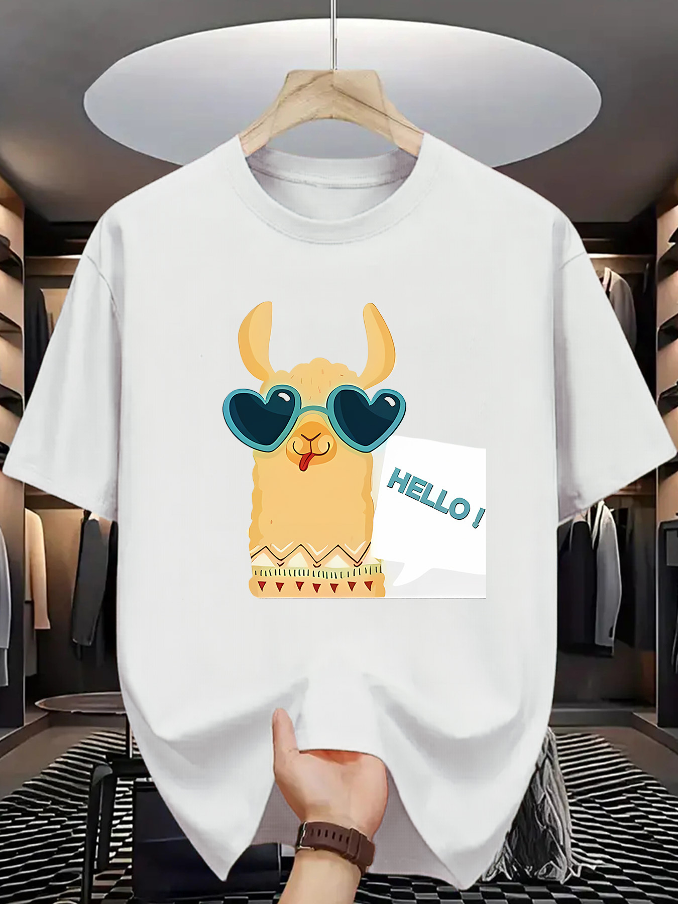 Men's Graphic T-Shirt Hello Adorable Llama Wearing Heart Shaped Sunglasses With Graphic Card
