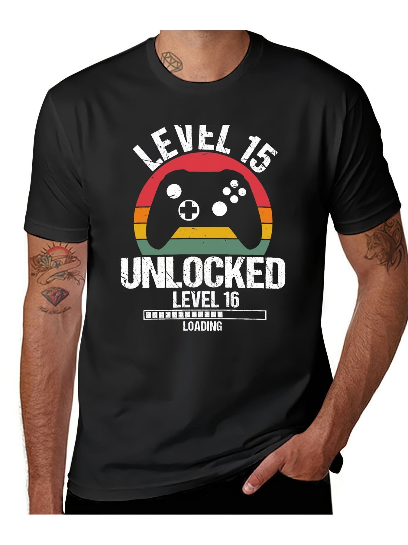 Men's Graphic T-Shirt Level 15 Unlocked With Retro Arcade Loading Game Controller
