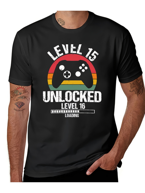 Men's Graphic T-Shirt Level 15 Unlocked With Retro Arcade Loading Game Controller