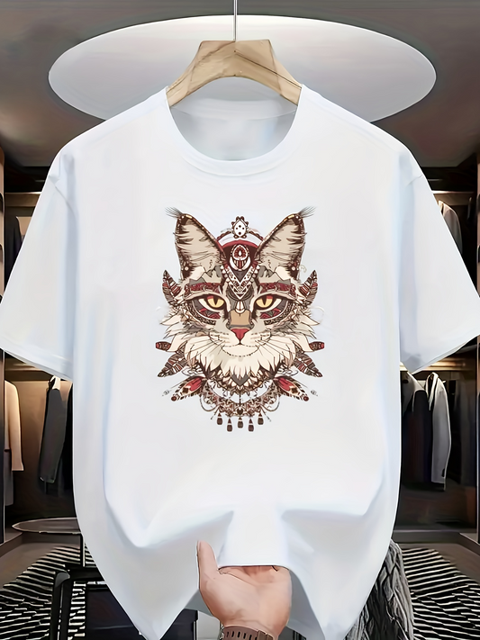 Men's Graphic T-Shirt Bohemian Inspired Tribal Feather Elements Surrounding Wild Cat