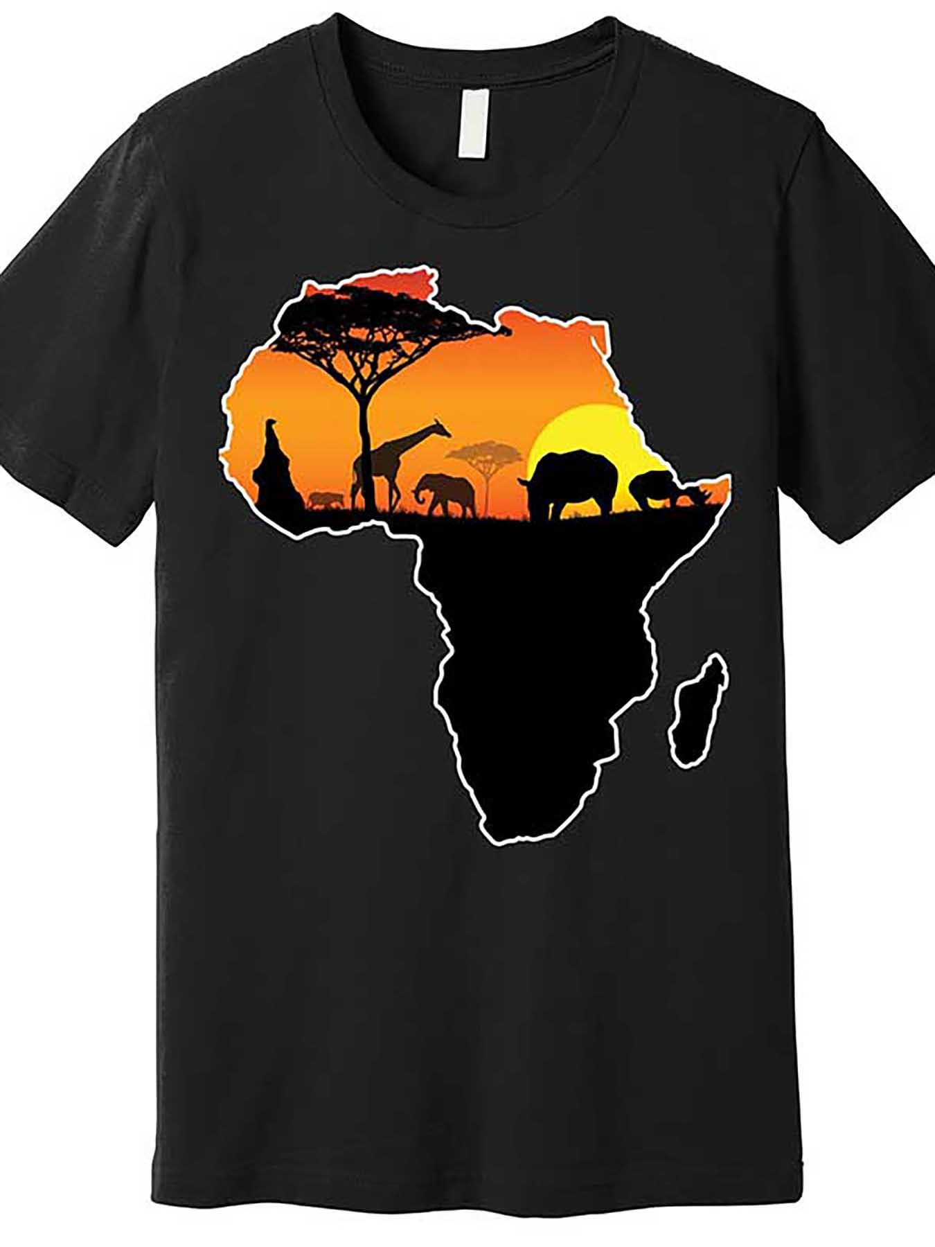 Men's Graphic T-Shirt Golden Sunset Silhouettes Of Elephants And Giraffes Within African Continent