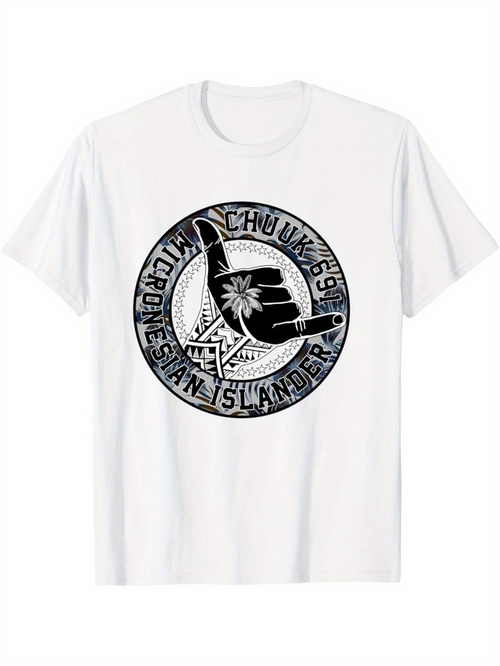 Men's Graphic T-Shirt Traditional Design With Intricate Patterns Featuring Text And Island Hand Symbol