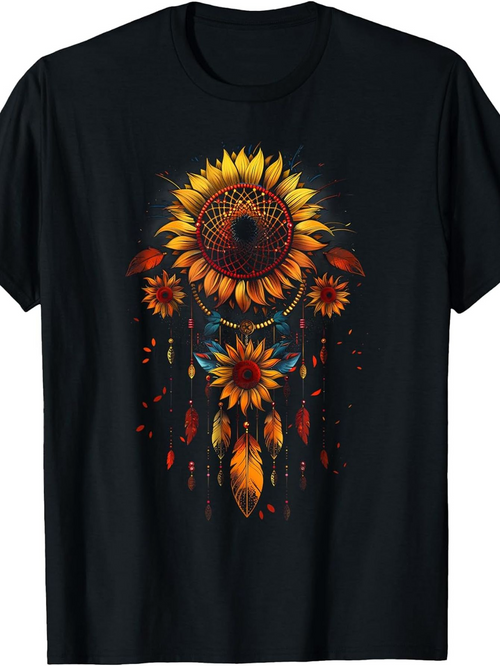 Men's Graphic T-Shirt Golden Feathers Among Blooming Sunflowers Dreamcatcher