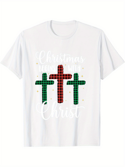 Men's Graphic T-Shirt Christmas Thank You Christ Festive Plaid Pattern Three Crosses