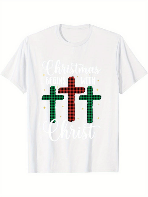 Men's Graphic T-Shirt Christmas Thank You Christ Festive Plaid Pattern Three Crosses