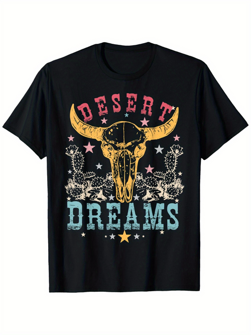 Men's Graphic T-Shirt Desert Dreams Western Landscape With Cacti Stars Bold Colors Skull