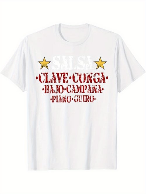 Men's Graphic T-Shirt Clave Conga Bajo Campana Piano Guru With Gold Stars White T Shirt