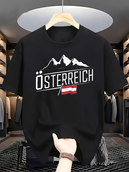 Men's Graphic T-Shirt Snow Capped Mountain Peaks Above A Bold Austria Flag Silhouette Shirt