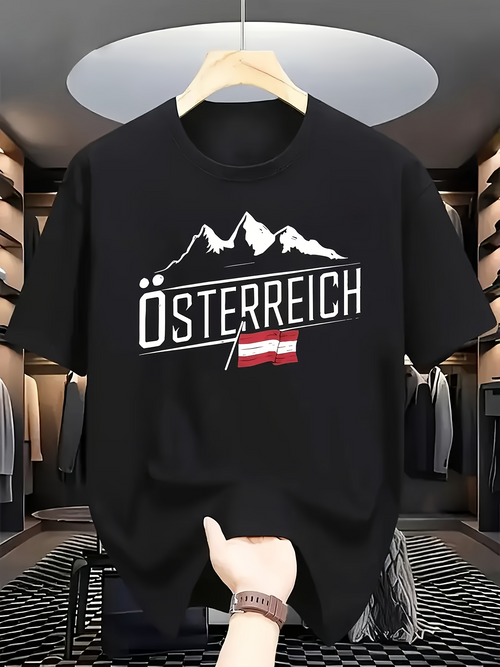 Men's Graphic T-Shirt Snow Capped Mountain Peaks Above A Bold Austria Flag Silhouette Shirt