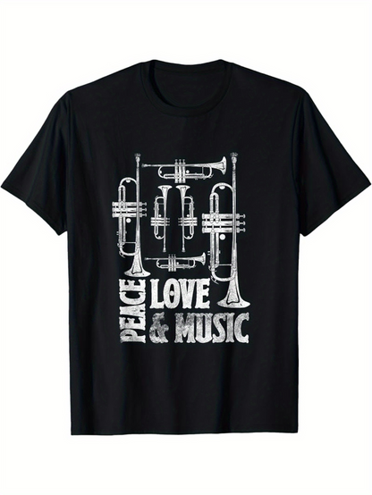 Men's Graphic T-Shirt Peace Love And Music With Stylized Brass Trumpet Instruments