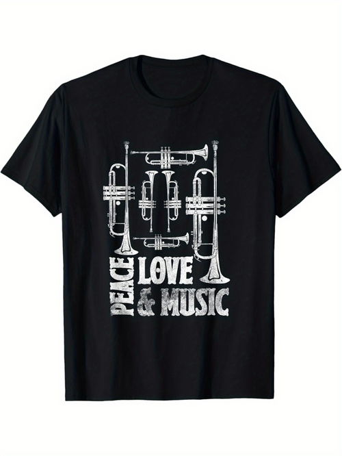Men's Graphic T-Shirt Peace Love And Music With Stylized Brass Trumpet Instruments