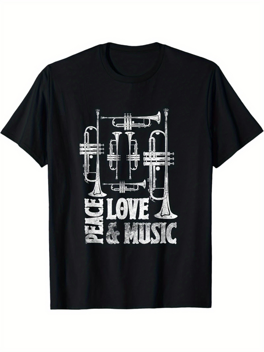 Men's Graphic T-Shirt Peace Love And Music With Stylized Brass Trumpet Instruments