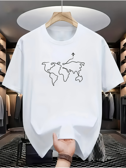 Men's Graphic T-Shirt Minimalist World Map Outline With Small Airplane Flying Above Continents