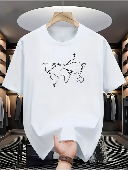 Men's Graphic T-Shirt Minimalist World Map Outline With Small Airplane Flying Above Continents