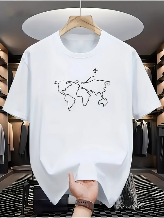 Men's Graphic T-Shirt Minimalist World Map Outline With Small Airplane Flying Above Continents