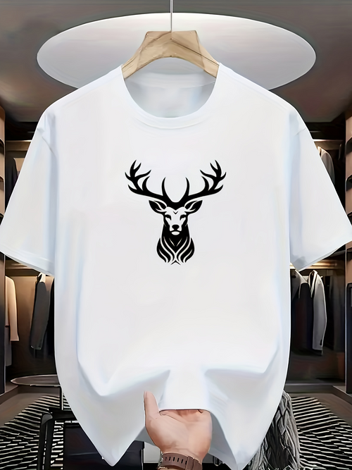 Men's Graphic T-Shirt Monochrome Antlered Deer Head Graphic Surrounded By Minimal Lines Majestic Deer