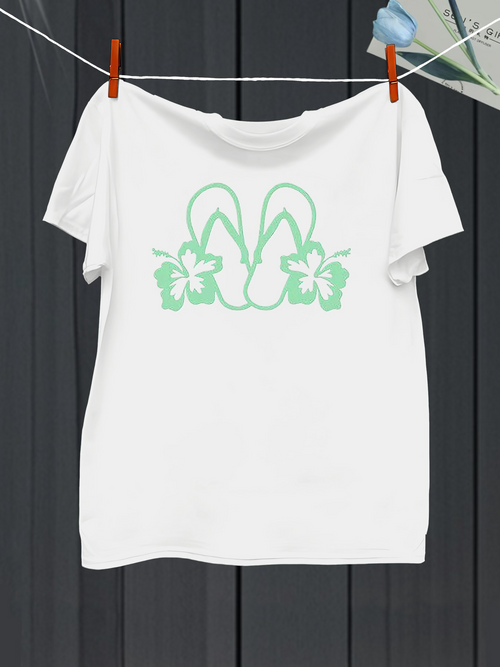 Men's Graphic T-Shirt Summer Hibiscus Blossoms With Simple Green Flip Flop Sandals