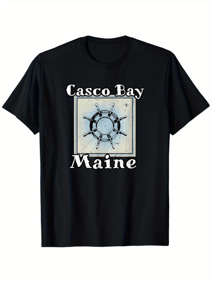 Men's Graphic T-Shirt Casco Bay Maine Vintage Ship Wheel Nautical Sketch Central Artwork