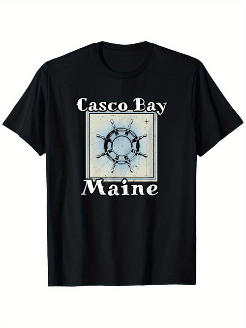 Men's Graphic T-Shirt Casco Bay Maine Vintage Ship Wheel Nautical Sketch Central Artwork
