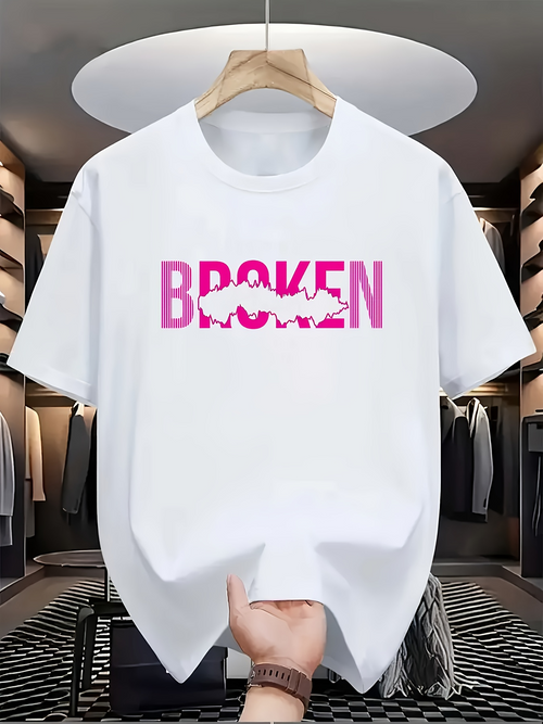 Men's Graphic T-Shirt Broken Pink Letters With Jagged Irregular Crack Pattern Text