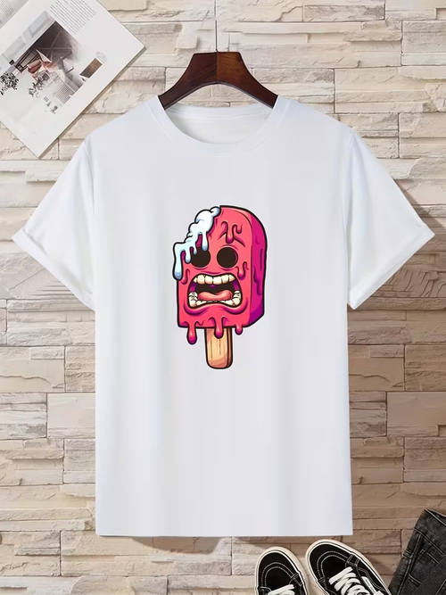 Men's Graphic T-Shirt Melting Strawberry Ice Cream With Cartoon Screaming Face Popsicle