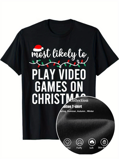 Men's Graphic T-Shirt Most Likely To Play Video Games On Christmas Holiday Lights Santa Hat T Shirt
