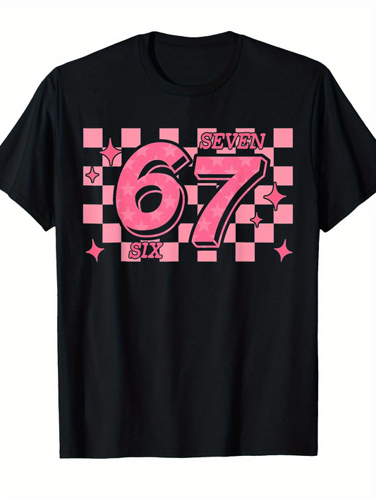 Men's Graphic T-Shirt Pink Checkered Block Pattern With Stylized Numbers And Playful Accents Seventy Seven
