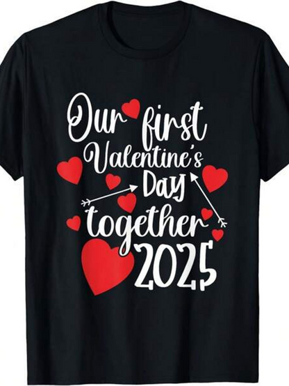 Men's Graphic T-Shirt Our First Valentines Day Together 2025 Floating Red Hearts With Cupid Arrow On Black T Shirt