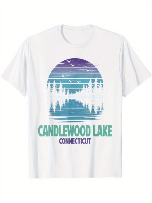 Men's Graphic T-Shirt Candlewood Lake Connecticut Misty Evergreen Forest Reflected On Peaceful Lake