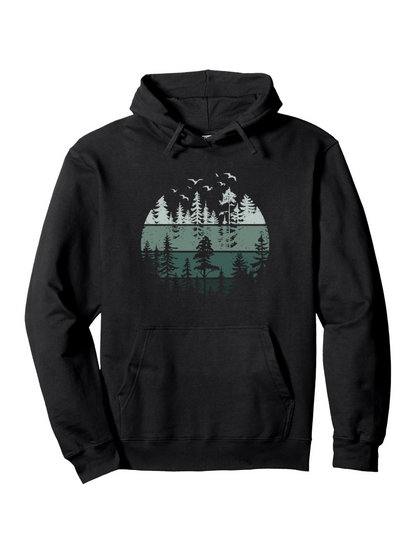 Men's Graphic Hoodie Serene Lake Reflections With Flying Birds Among Pine Trees Deer